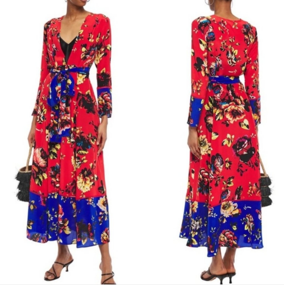 Red Floral Long Sleeve Wrap Dress with Blue Accents